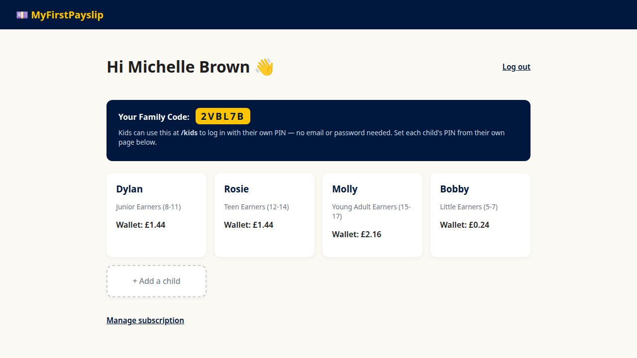 Parent dashboard showing four children — Dylan, Rosie, Molly, and Bobby — each with their wallet balance