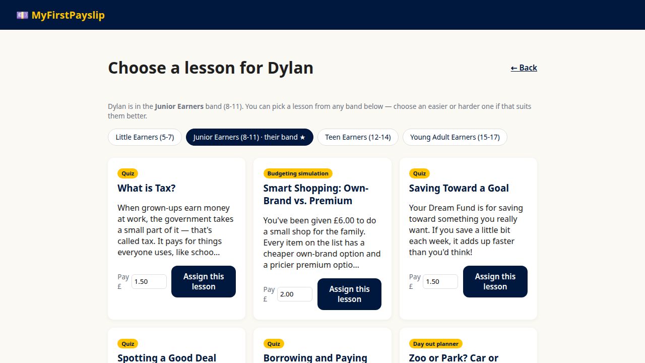 The lesson picker showing quiz and budgeting lesson cards for Junior Earners
